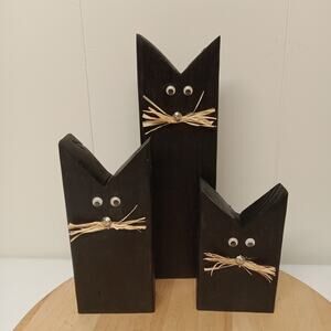 Handcrafted Three Black Cats Halloween Decor Wooden